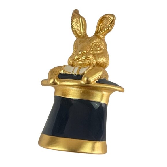 Rabbit In Hat Gold & Black Enamel Brooch Pin Vintage Mid Century Retro - Picture 2 of 7